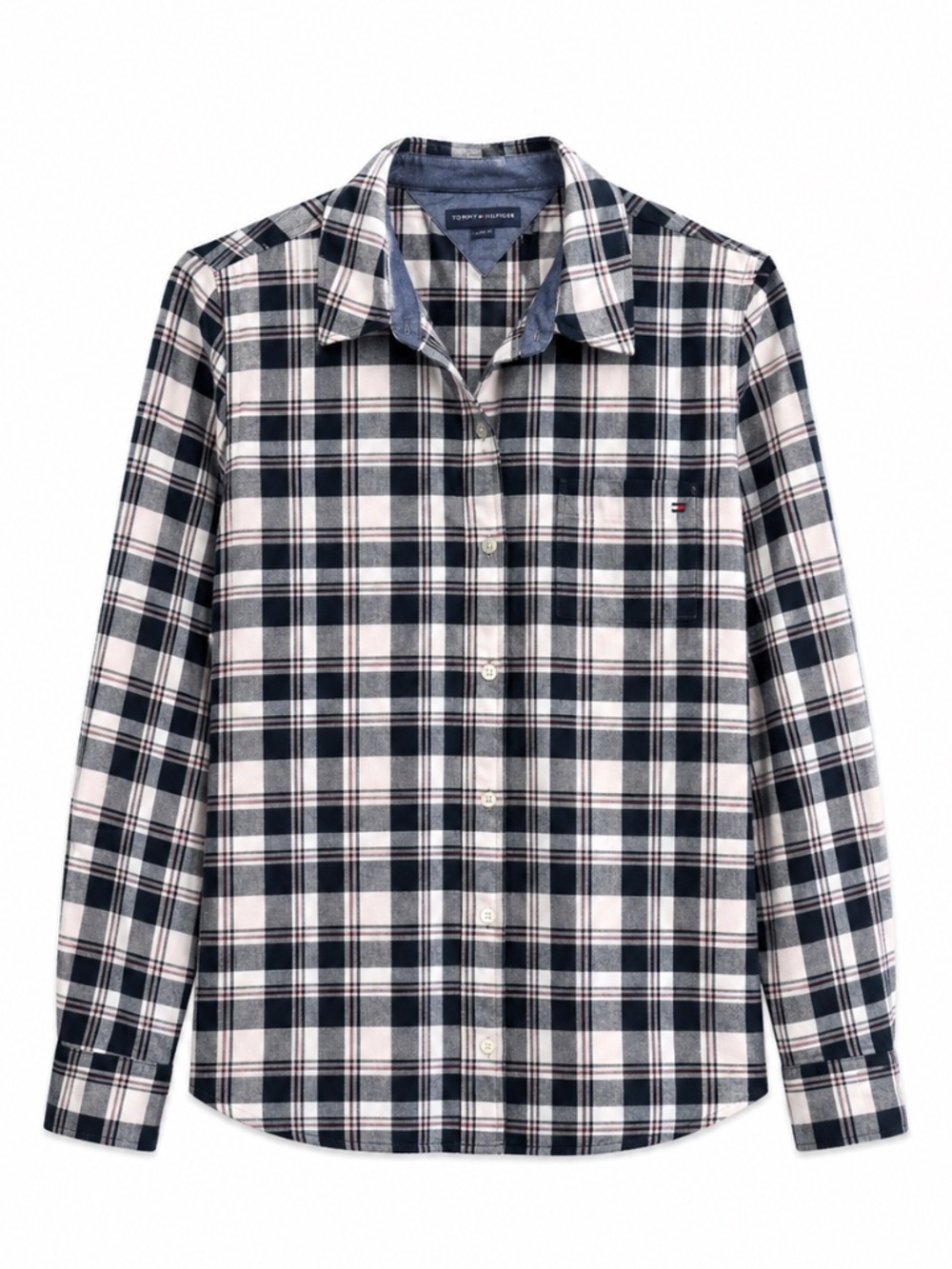 Tommy Hilfiger Black, White & Baby Pink Plaid Flannel – Size Medium GUC